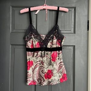 Liz Claiborne 100% Silk Camisole Top trimmed in black velvet and lace size 4